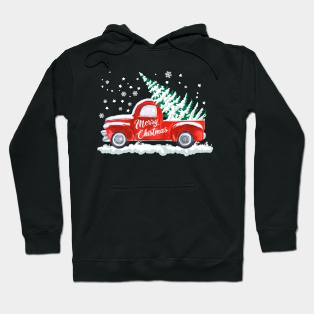 Merry Christmas Retro Vintage Red Truck Hoodie by Kimko